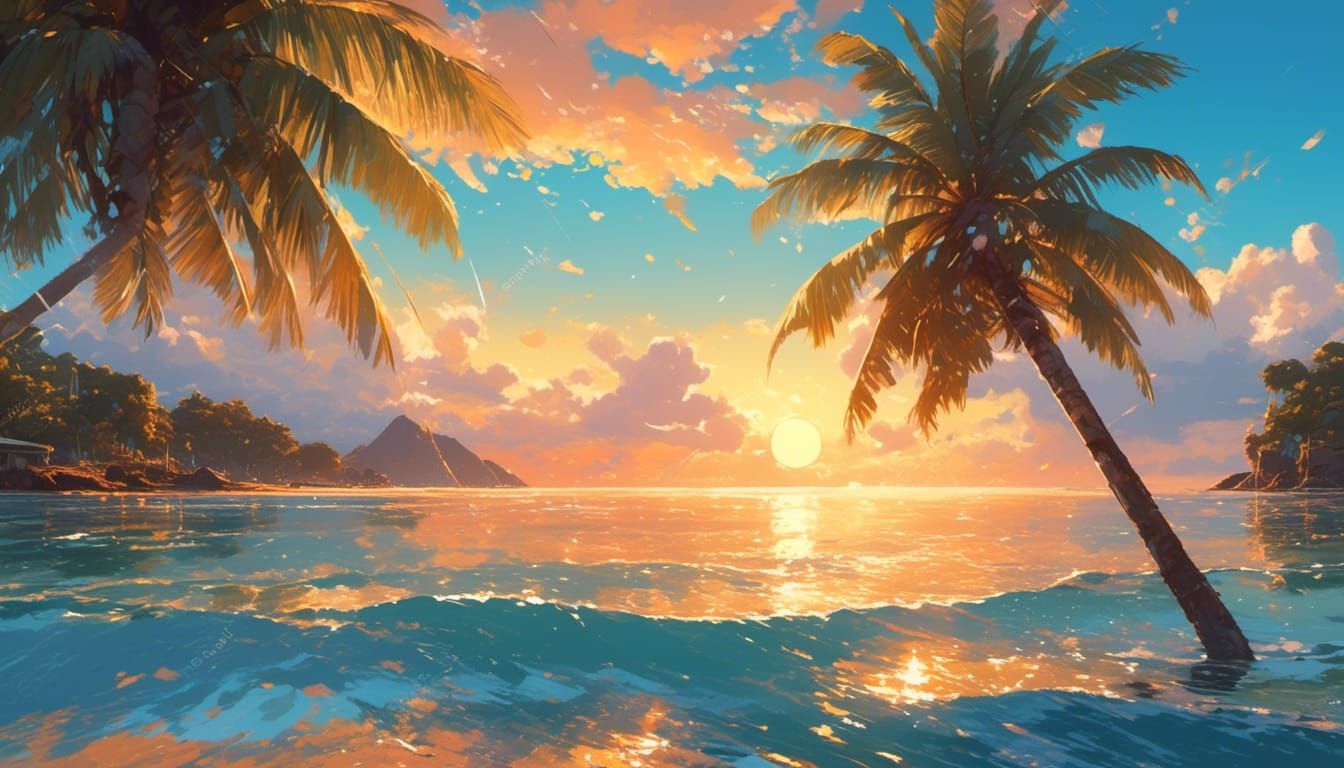 Tropical Beach Sunrise with Golden Sun Rays