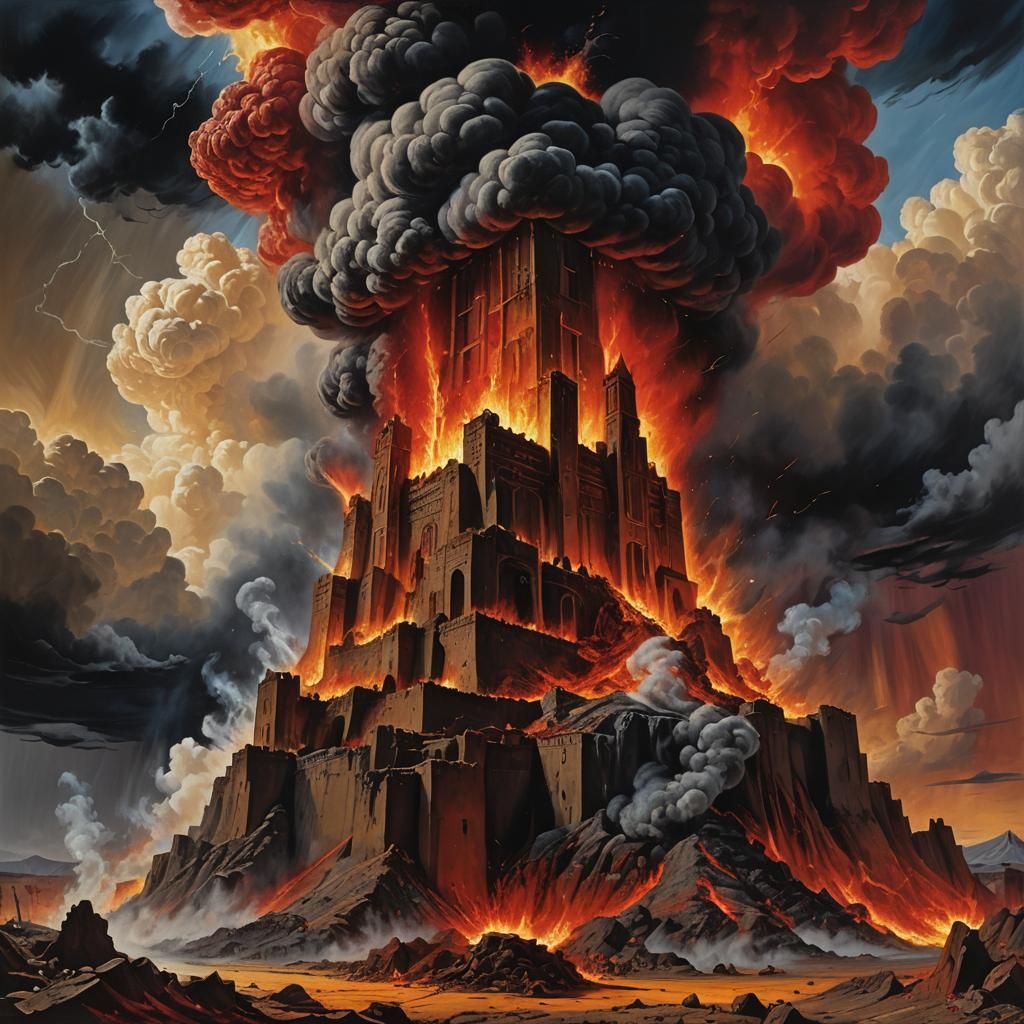 Apocalyptic Castle Destruction in Surreal Style