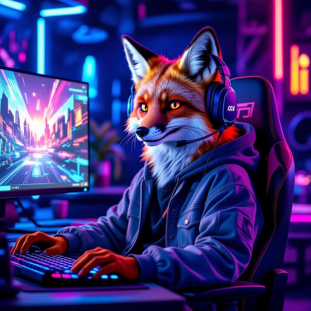 CGI Fox Gaming in Neon-Lit Futuristic Setup