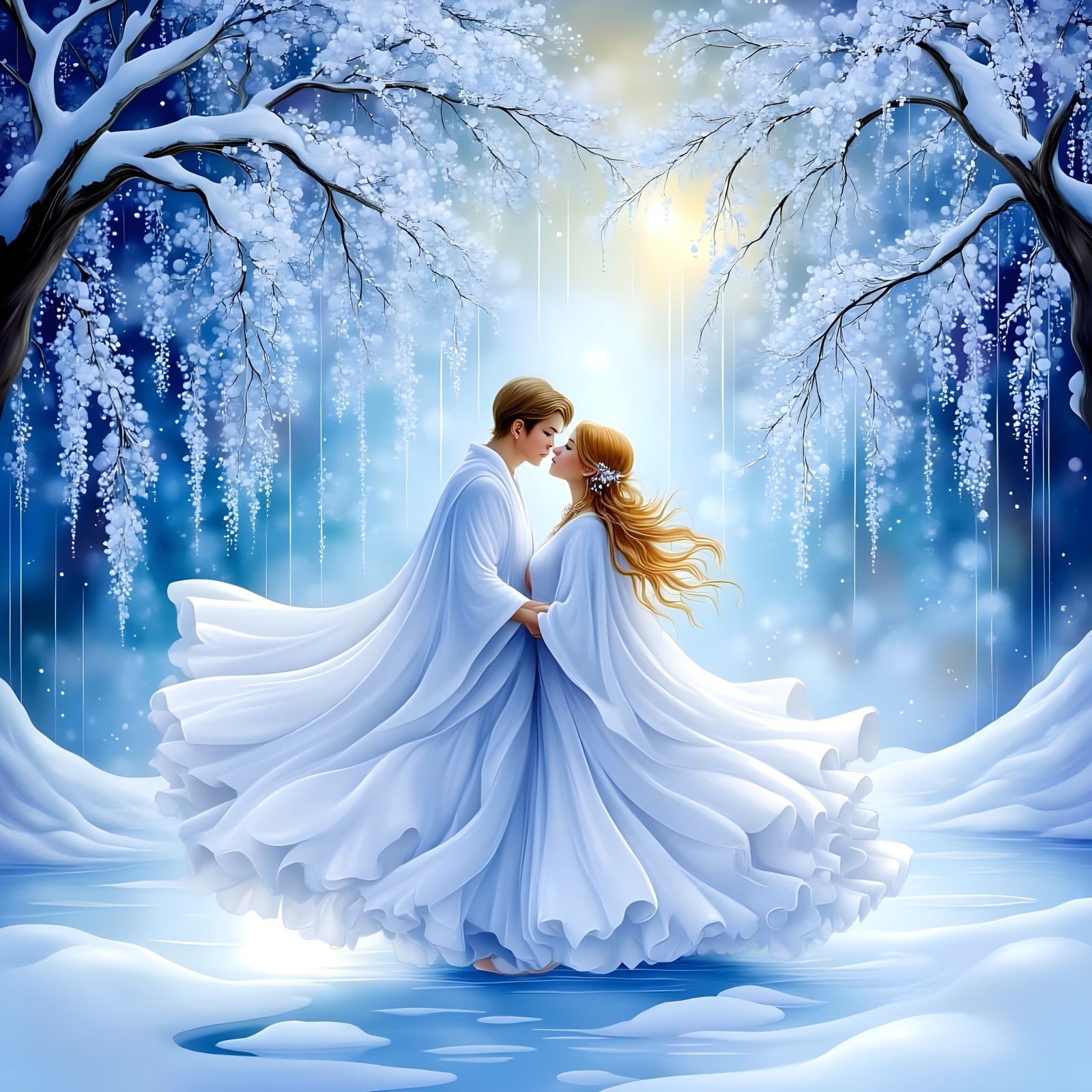 Golden Haired Couple Dancing on Frozen Japanese Lake