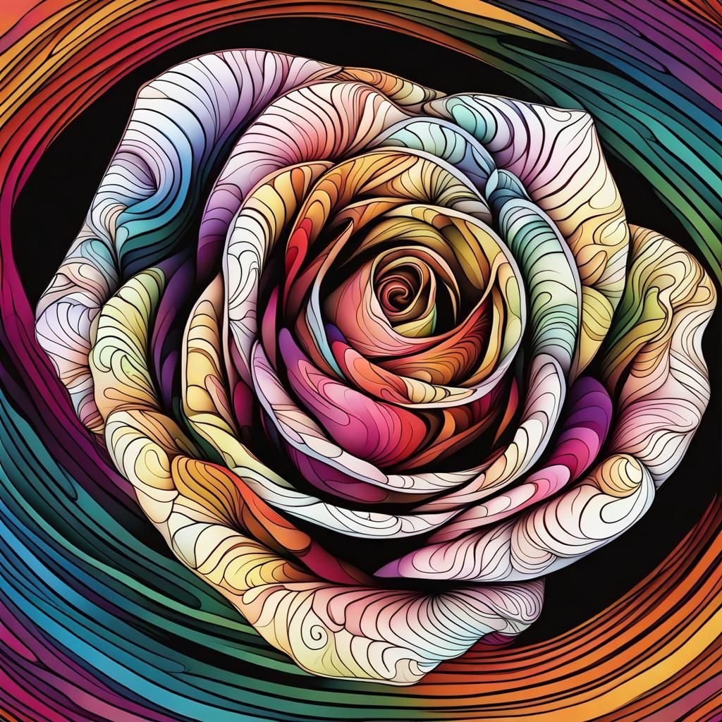 Colorful Rose Line Art with Abstract Fractals
