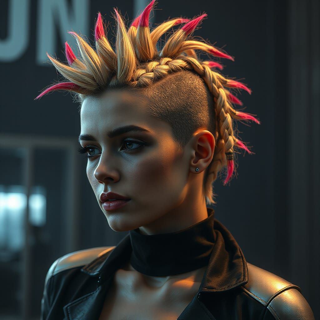 Futuristic Woman with Robotic Mohawk in Hyperrealistic Style