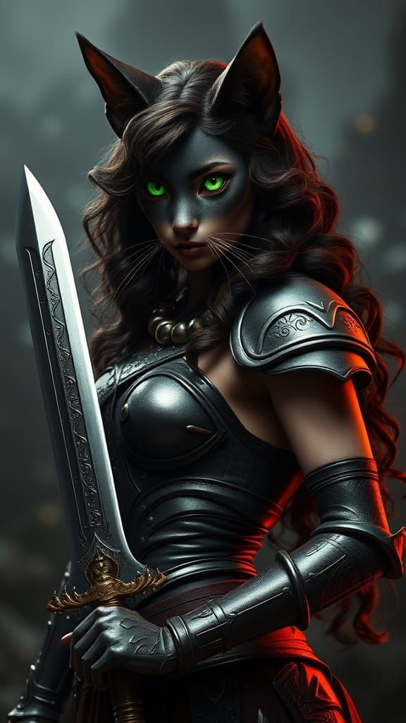 Majestic Feline Hybrid Warrior in Metallic Armor