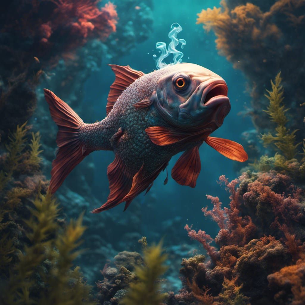 Underwater Fish Smoking Cannabis in Detailed Painting