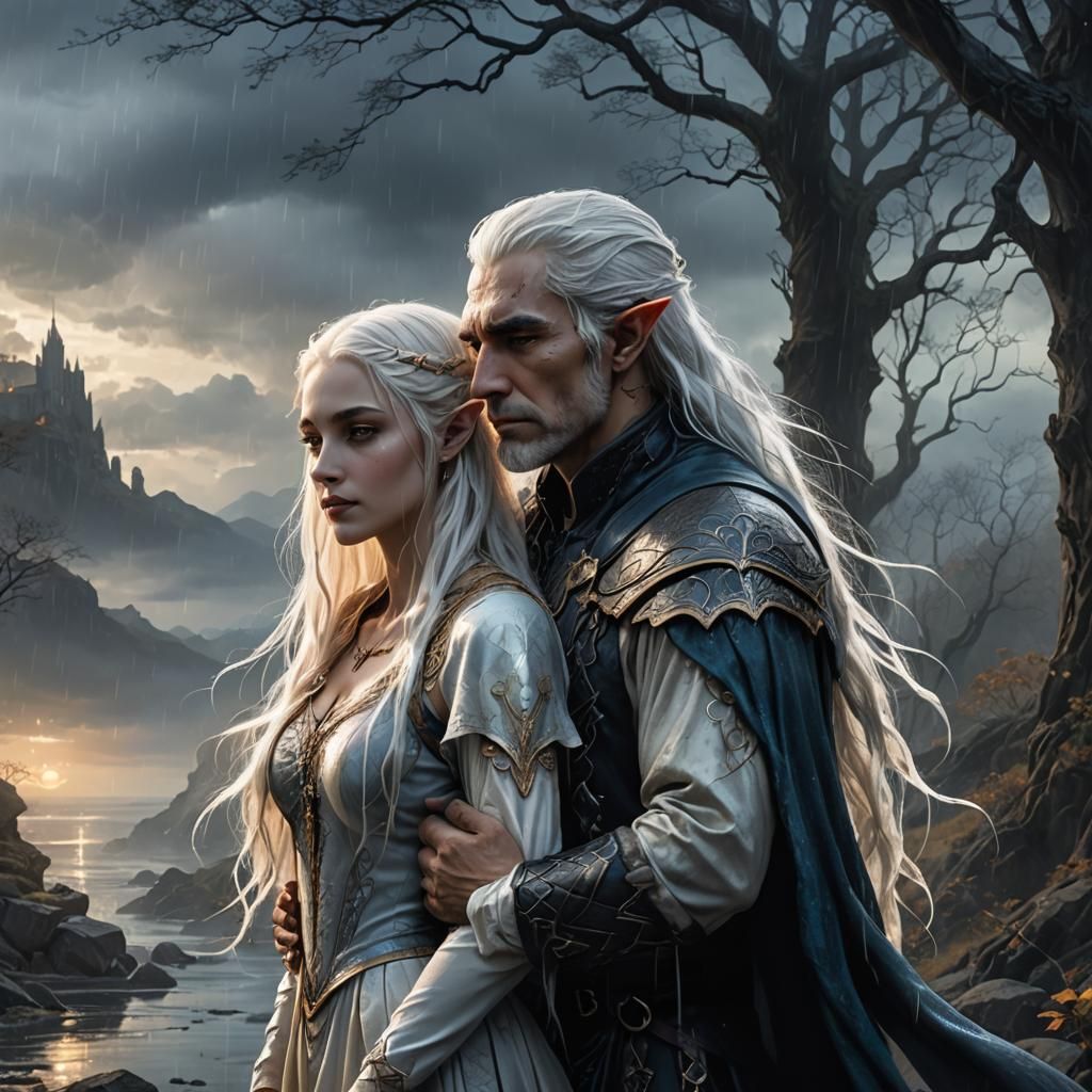 Gothic Fantasy: Woman and Elf Embrace in Rain