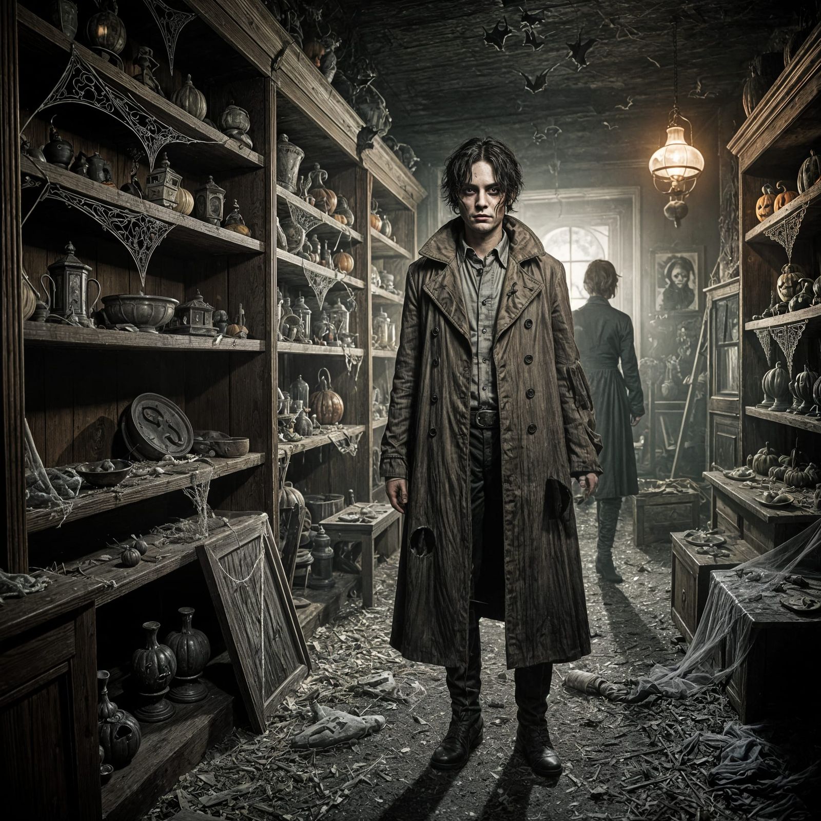 Spooky Haunted House with Halloween Pumpkins and Bats