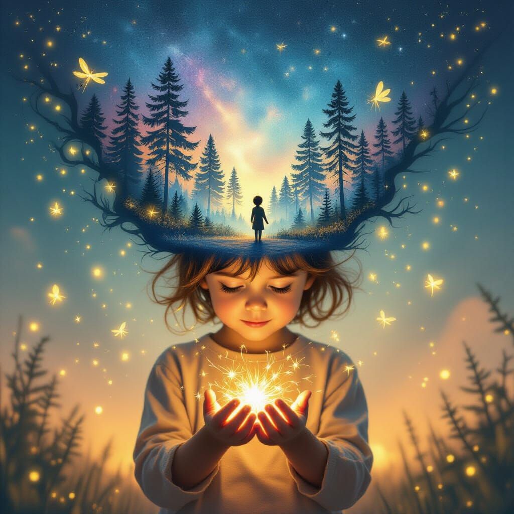 Child Silhouette Transforms into Cosmic Forest Scene