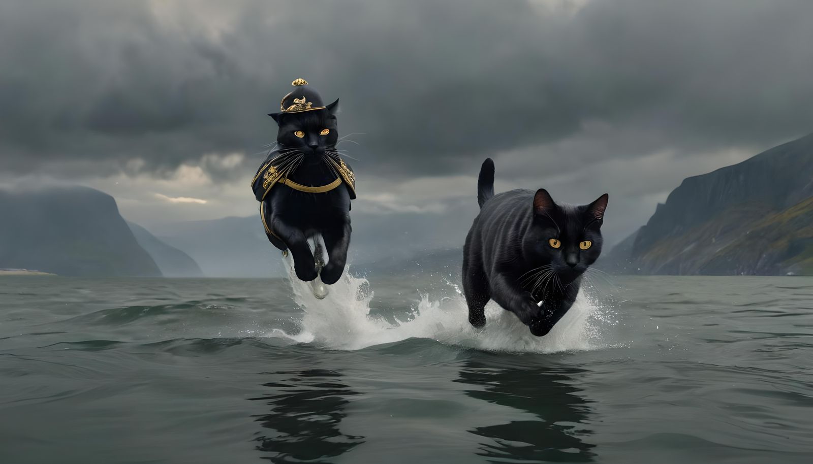 Majestic Black Cat in Military Uniform Leaping