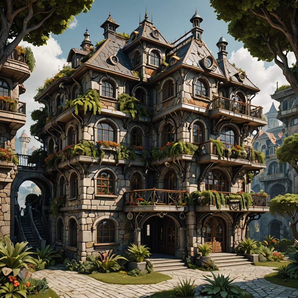 Retro-Futuristic House Blending Renaissance and Steampunk St...