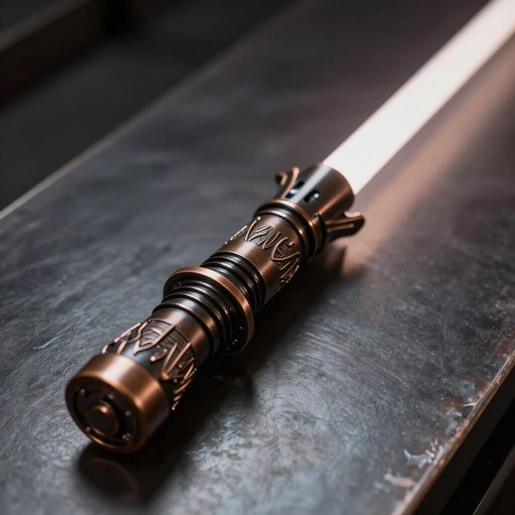 Intricately Detailed Bronze Lightsaber on Polished Metal