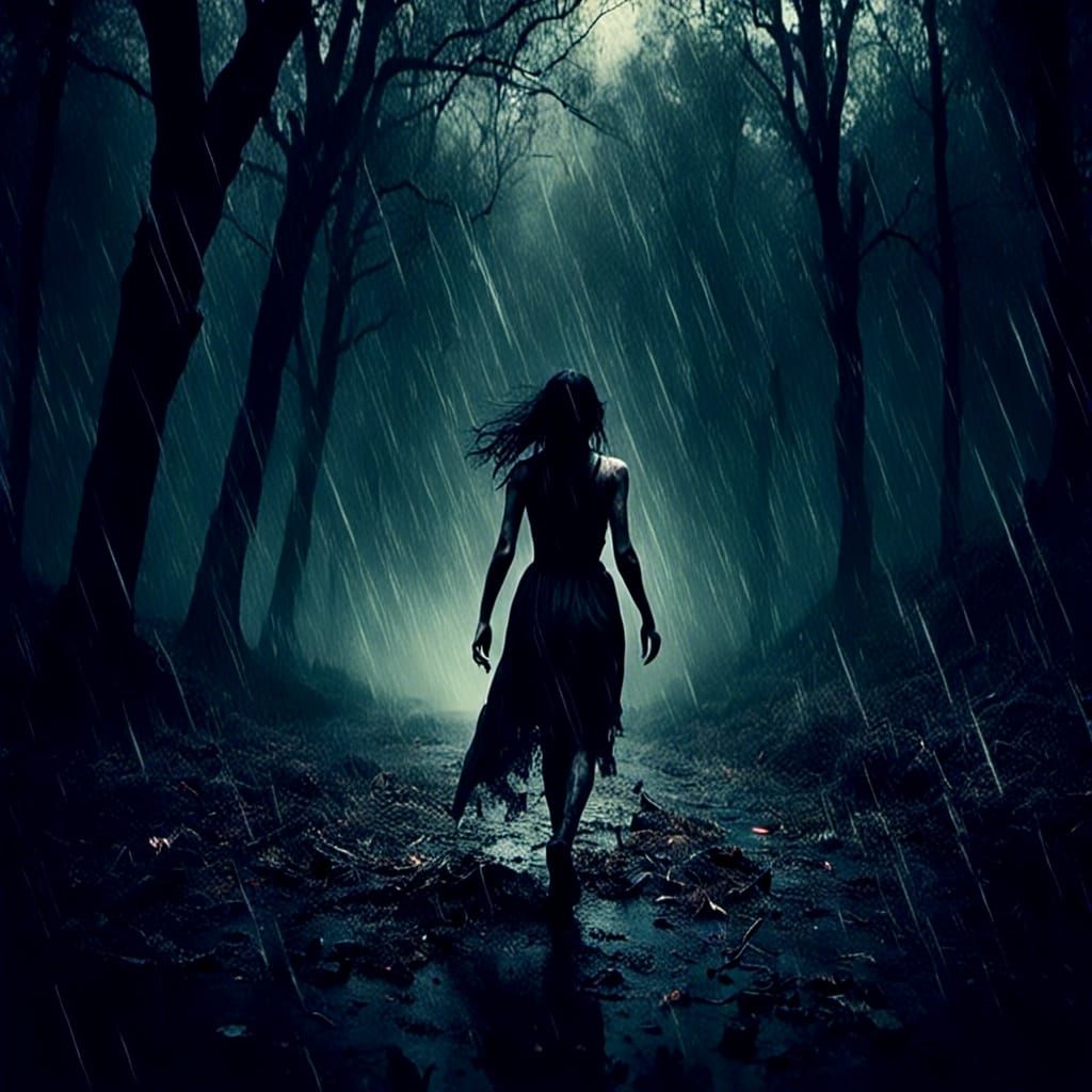 Gothic Horror: Woman's Escape in Dark Forest