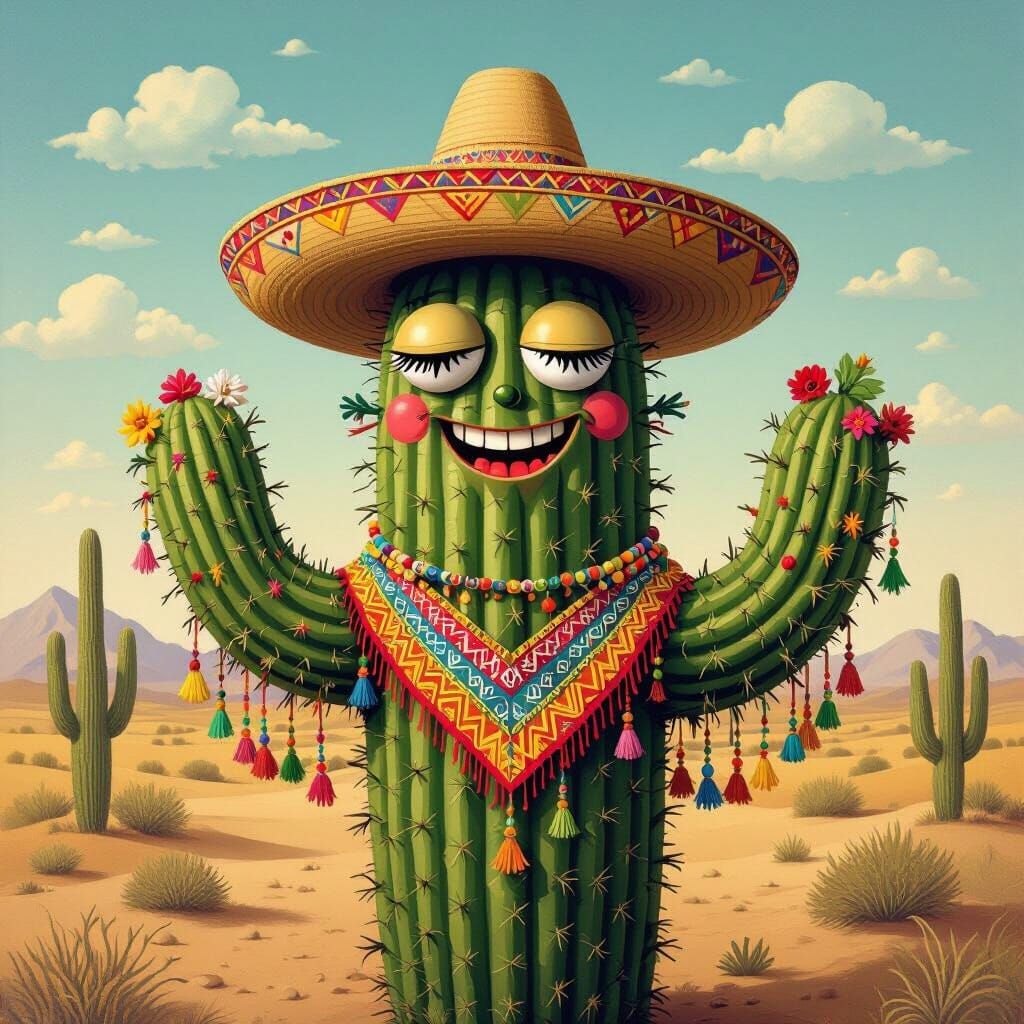 Cactus with Sombrero in Naive Folk Pop Art Style