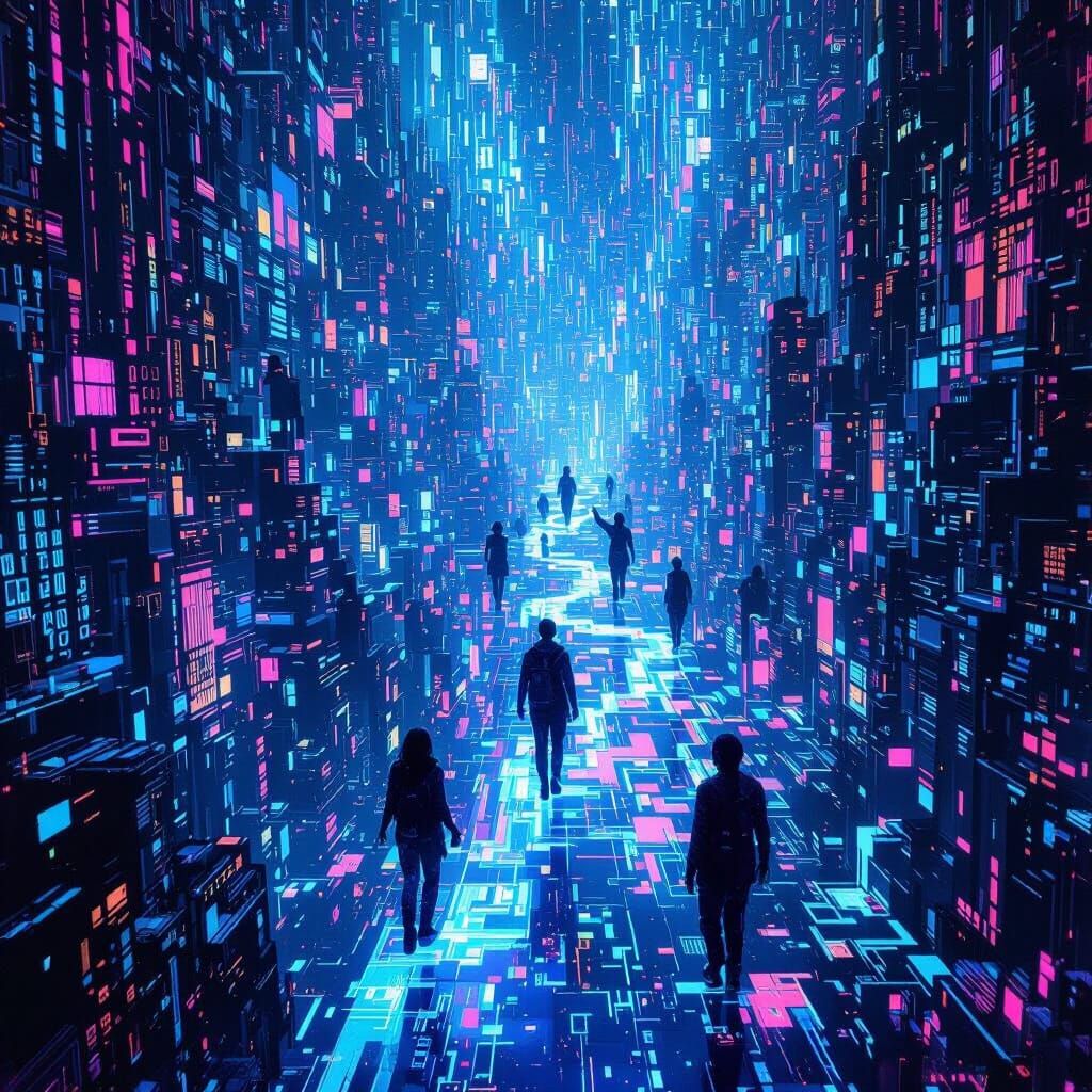 Ethereal Dreamers in Glitching Binary Cityscape