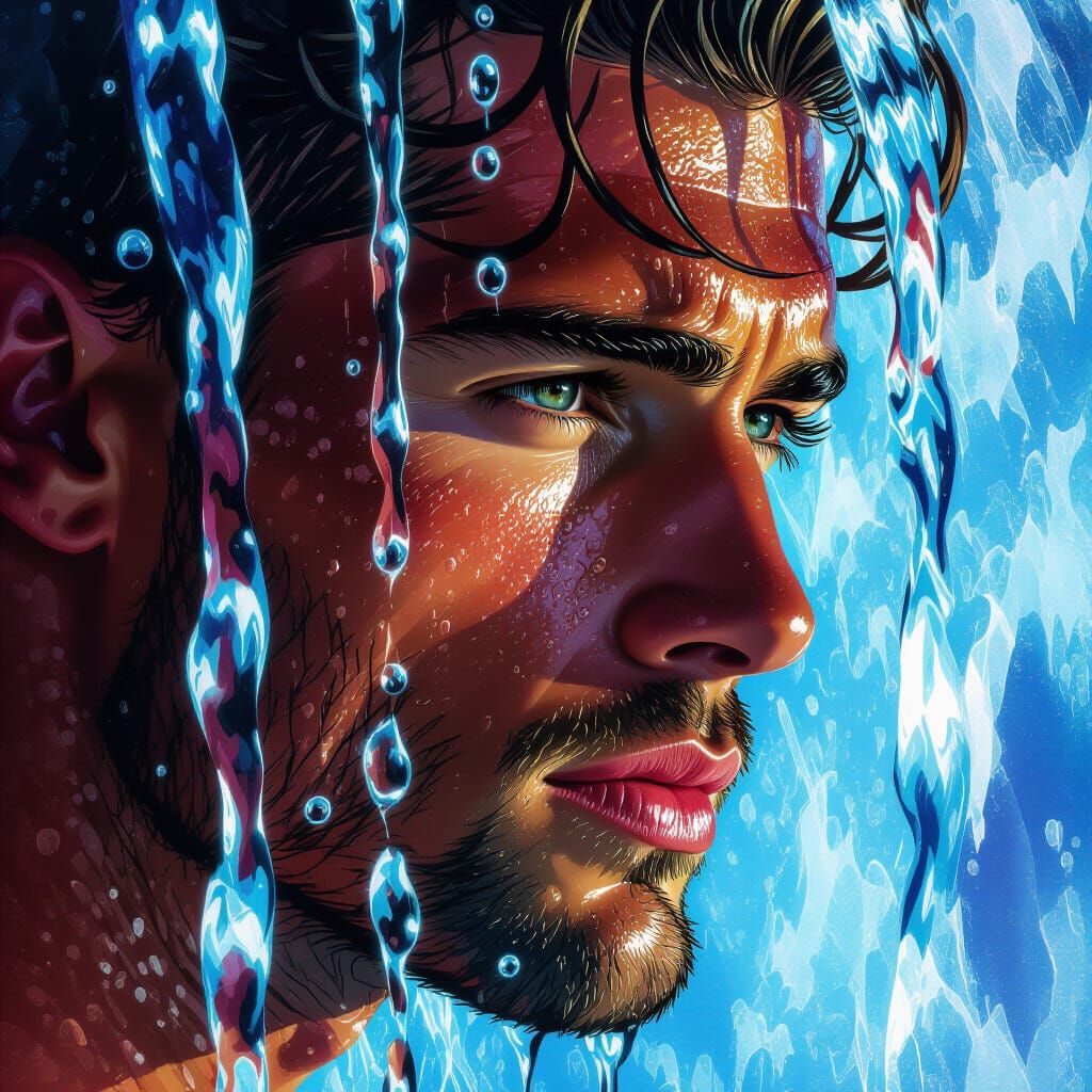 Man's Face Reflected in Waterfall Splash Art