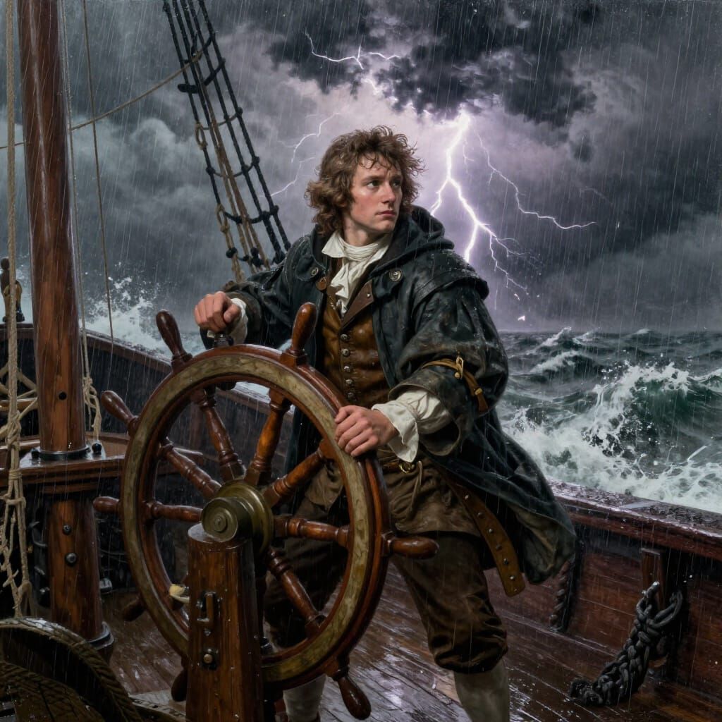 Determined Sailor Battles Ferocious Storm on Ship Deck