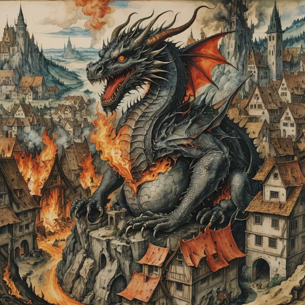Dragon in Burning Village: Watercolour Art