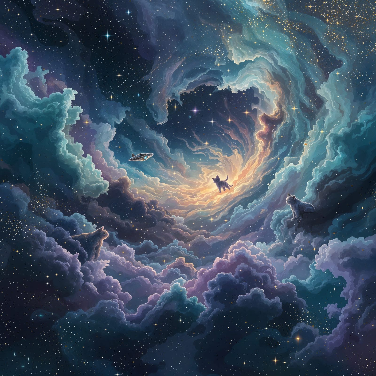 Cosmic Whispers: Dreamlike Nebula with Hidden Kitten Constel...