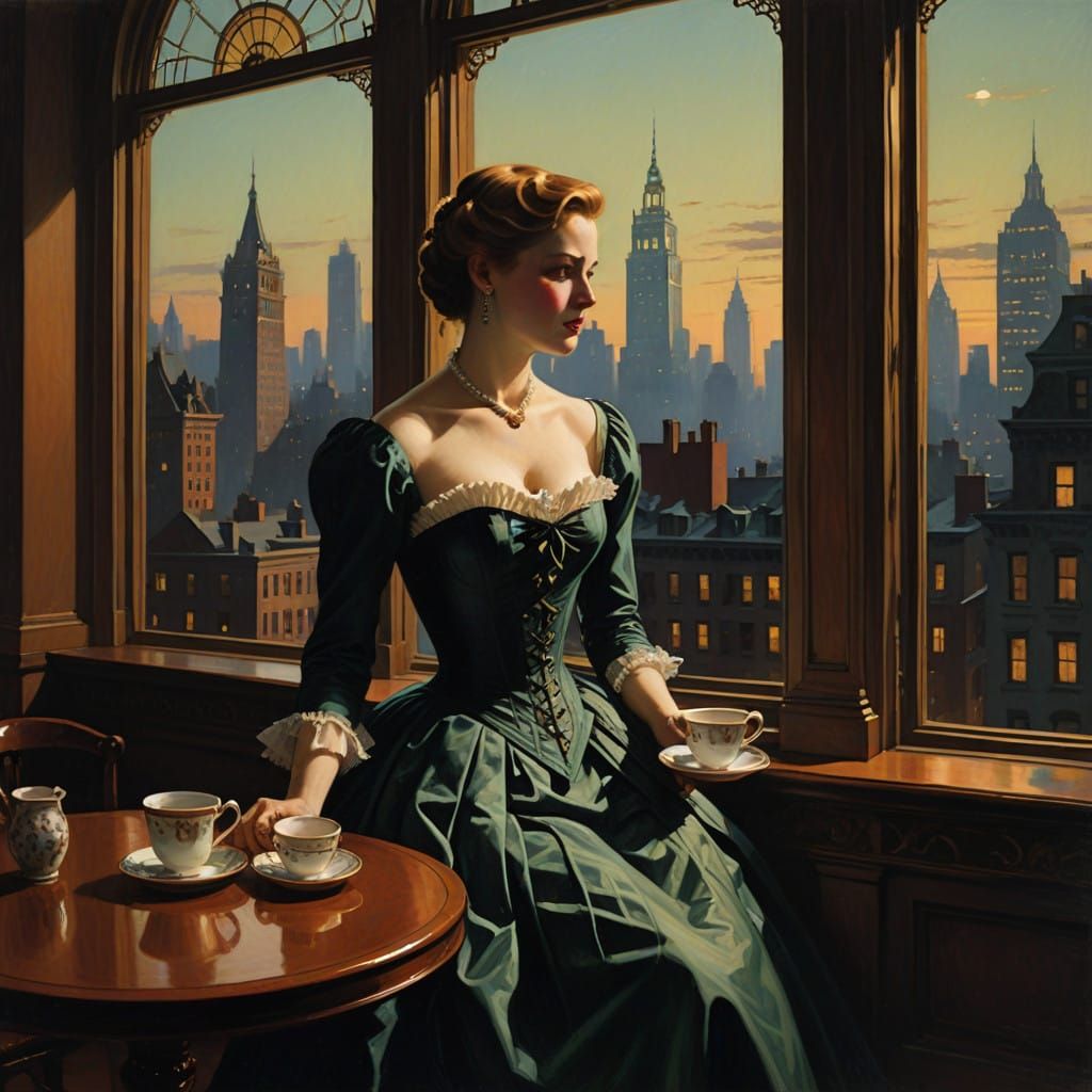 Elegant Victorian Lady Sips Coffee with City Skyline View