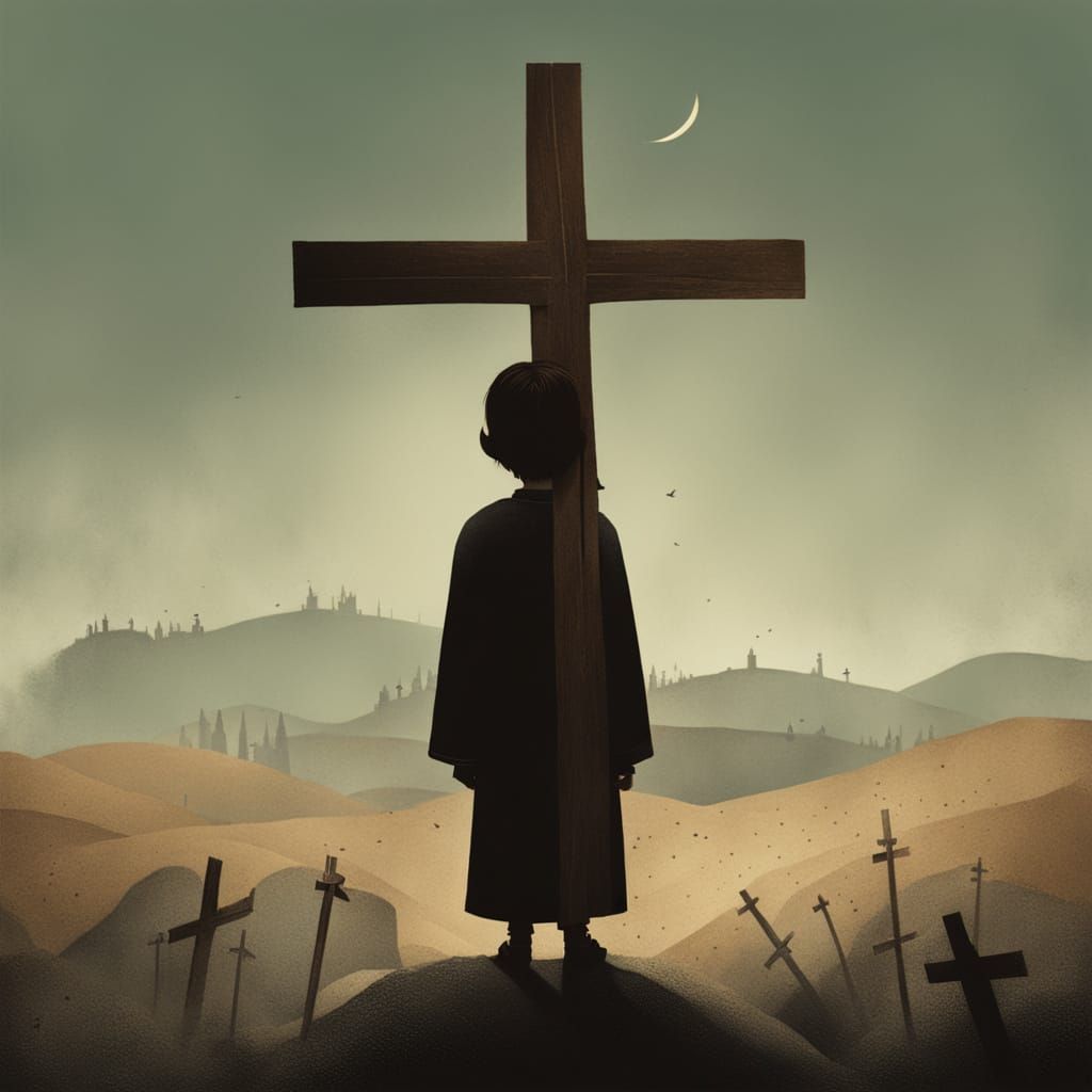 Christ Carrying the Cross in Minimalist Woodcut Style