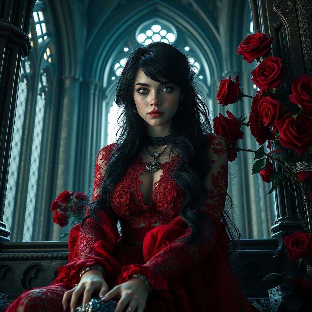 Whimsigoth Goddess Surrounded by Roses in a Gothic Tower