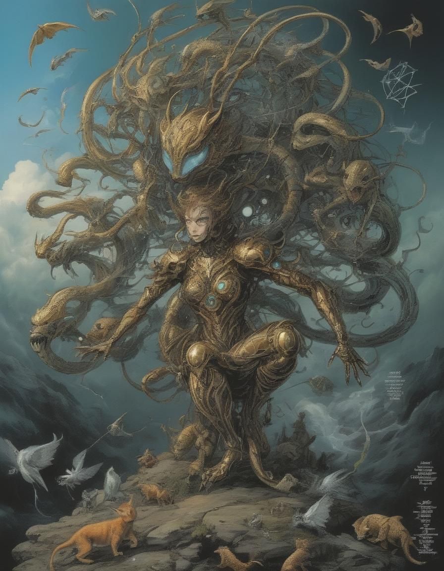 Cybernetic Kitten Angels Await Rival: Calligraphic Art