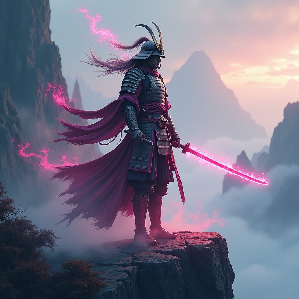 Majestic Samurai Warrior with Neon Energy, Digital Art