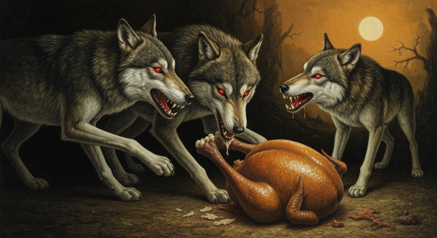 Surreal Hellscape: Wolves Devour Turkey in Belgian Style