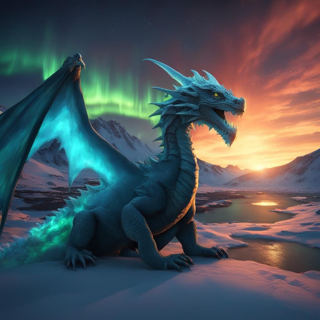 Ice Dragon Breathing Fire Under Aurora Borealis