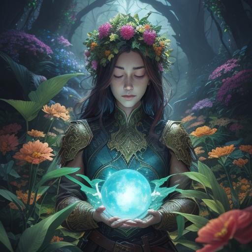 Young Woman Creates Glowing Orb in Lush Landscape