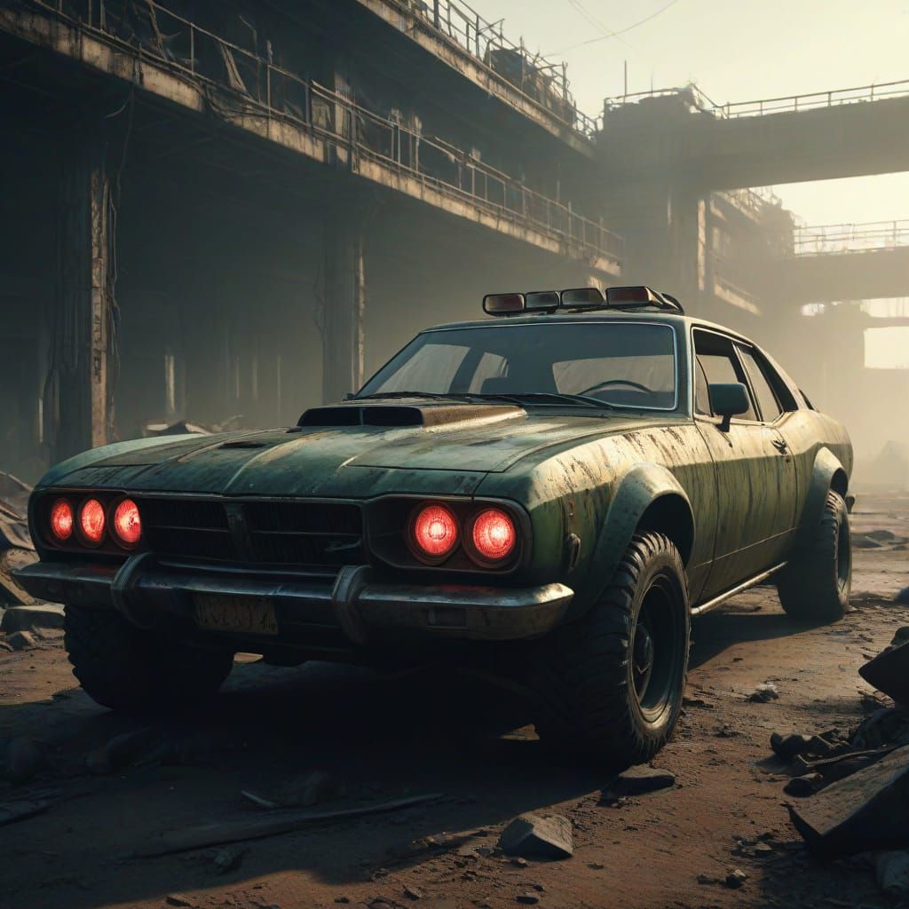 Demonic Car in Nuclear Wasteland in Dark Fantasy Style