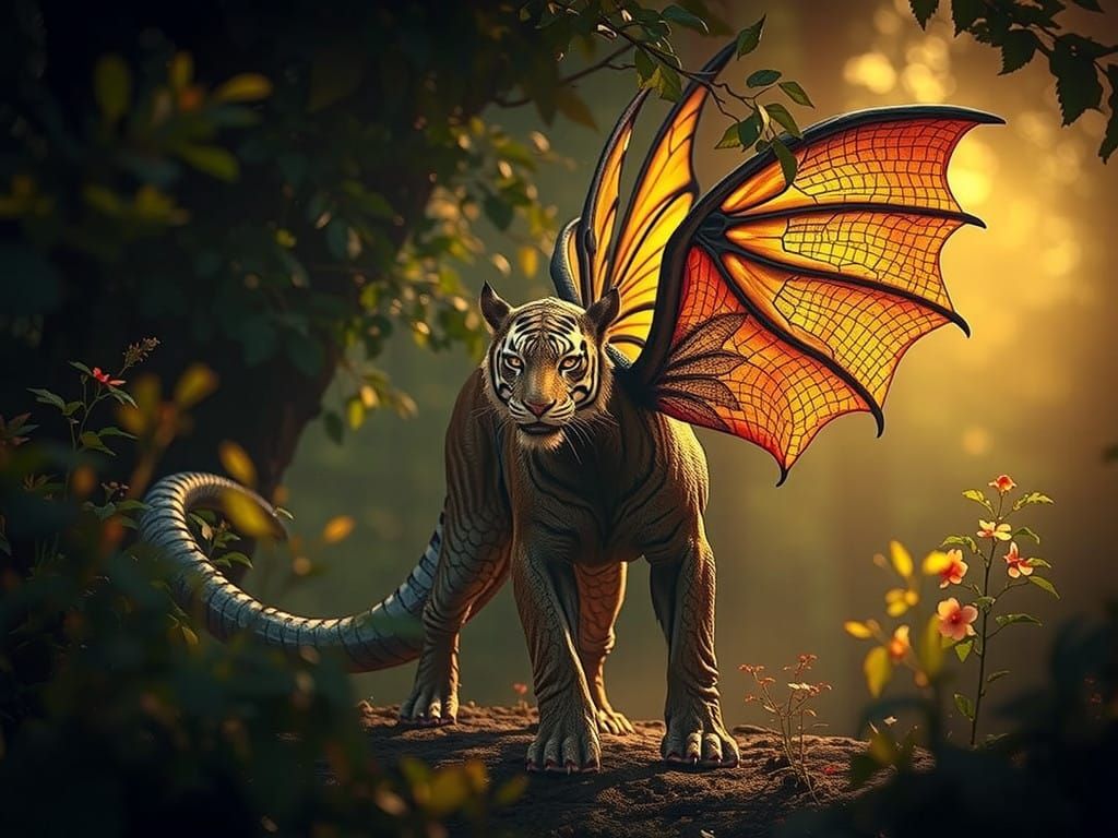 Whimsical Wildlife Scene with Iridescent Dragon Tiger