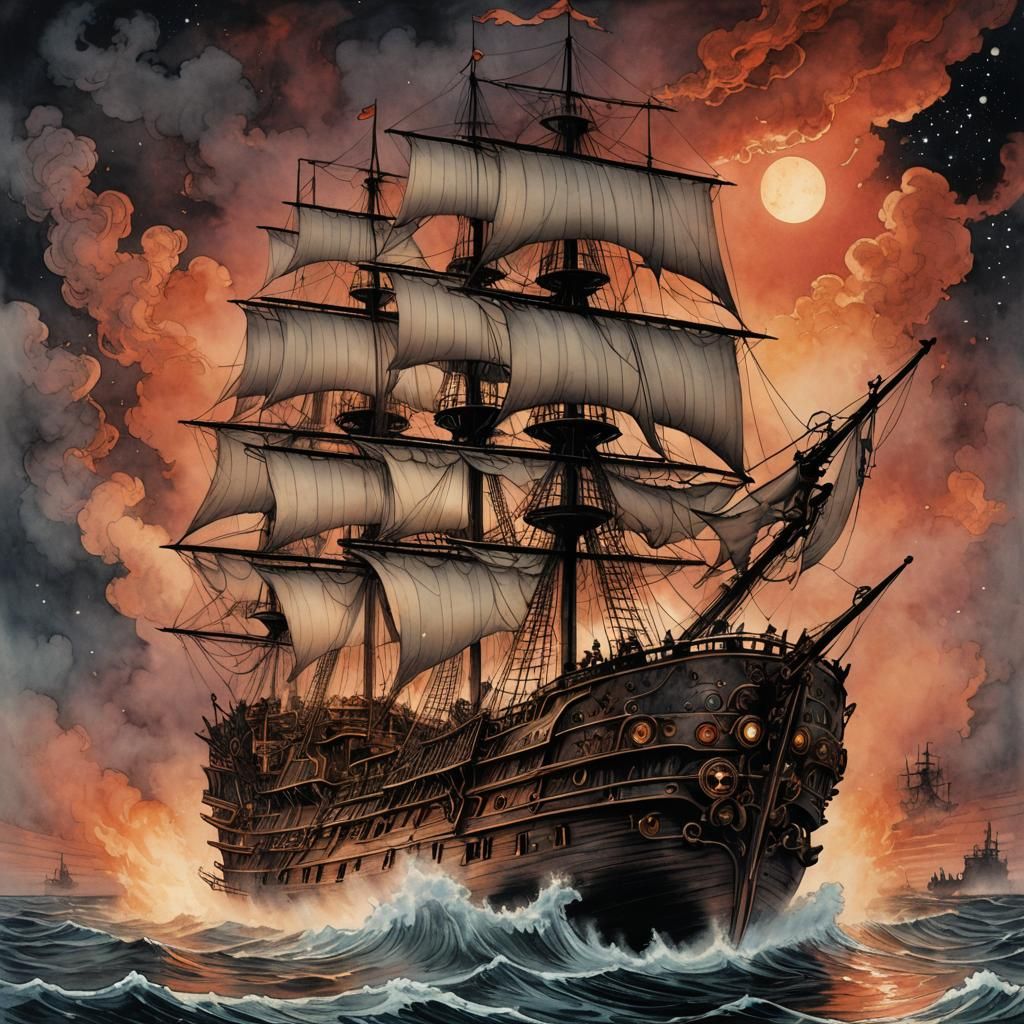 Flying Dutchman Steampunk Spaceship in Arthur Rackham Style