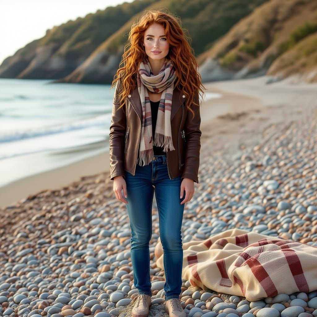 Realistic Portrait of Athletic Woman on Pebble Beach