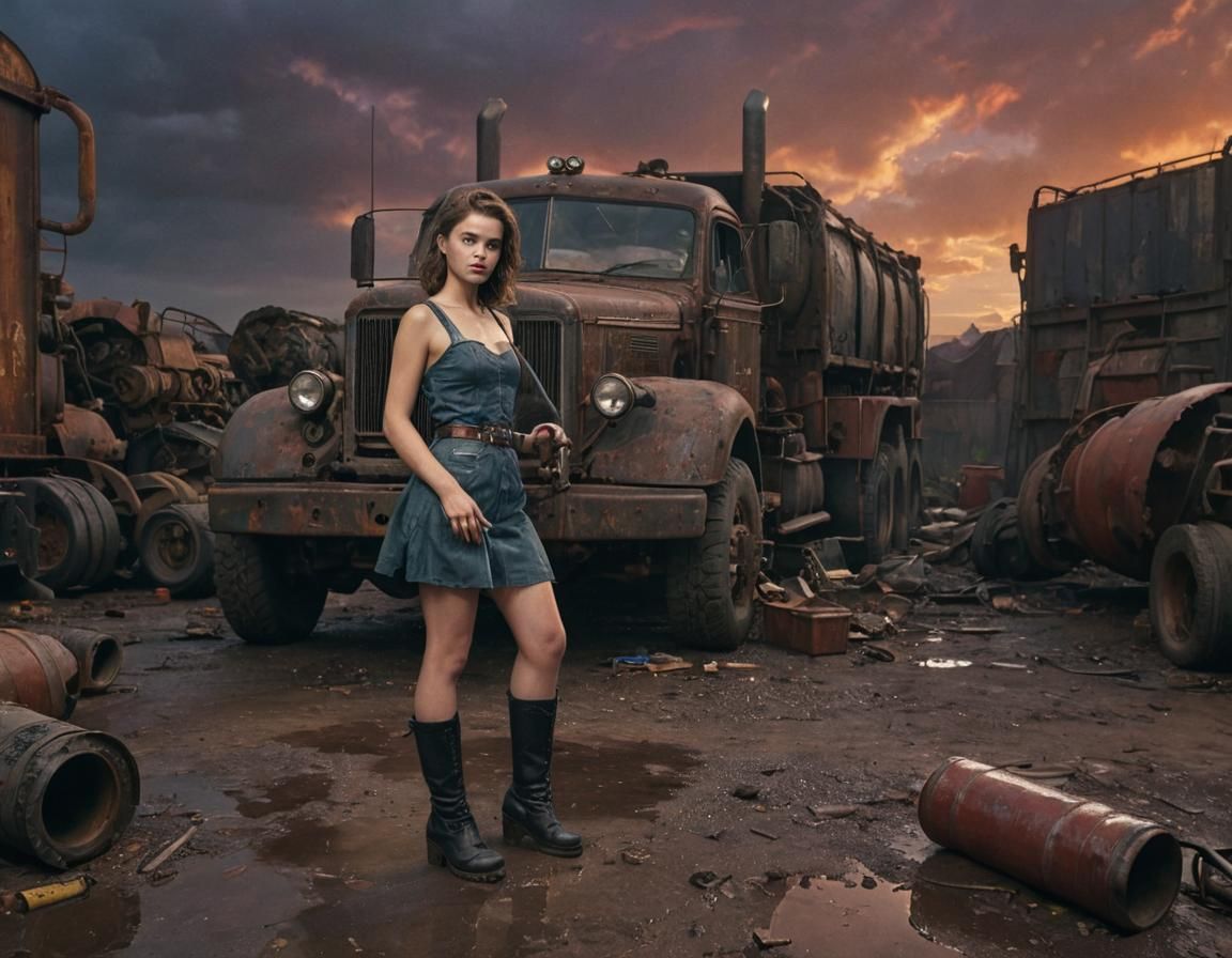 Dieselpunk Girl in Grim Industrial Workshop