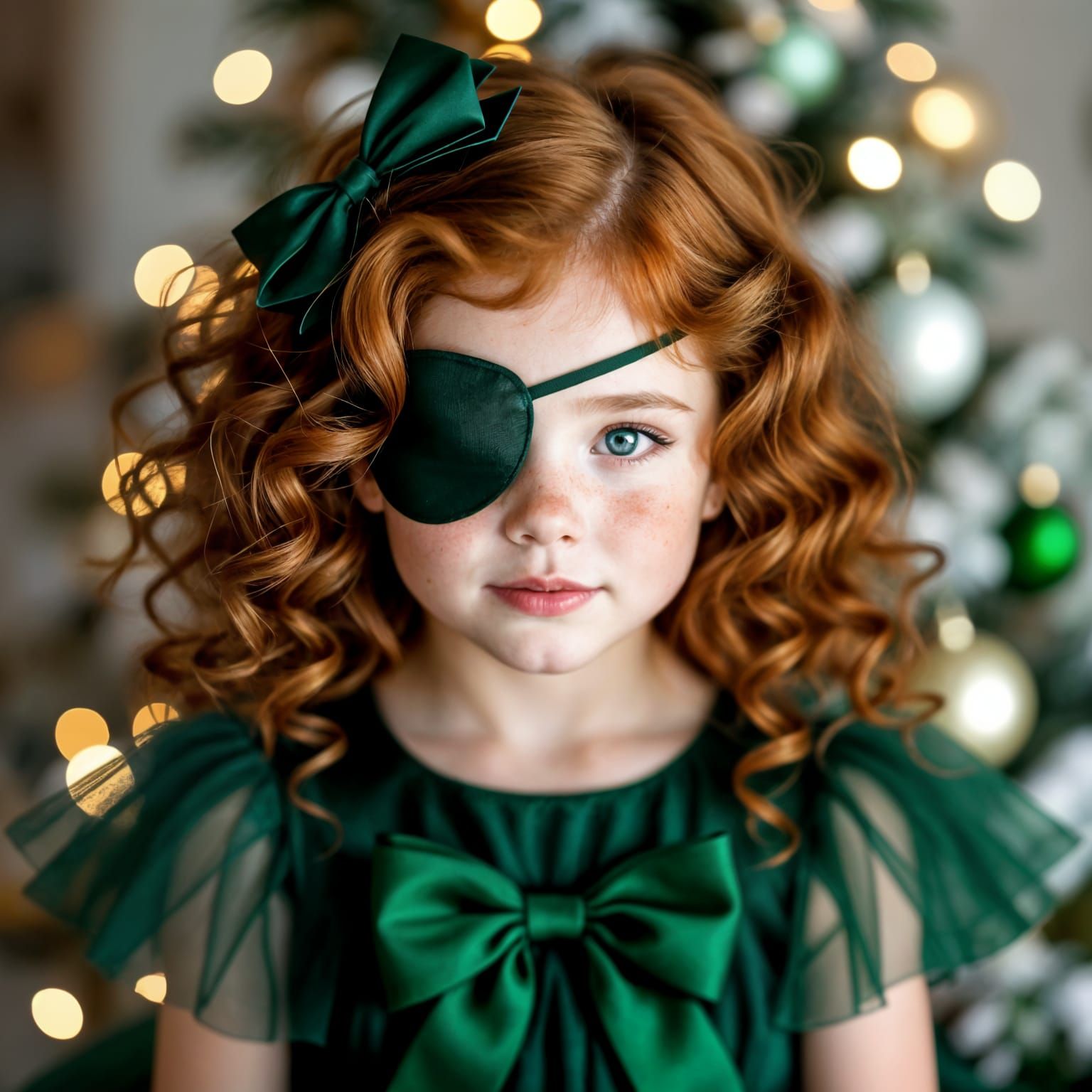 Christmas Portrait of a Redhaired Girl in Green Tulle Dress
