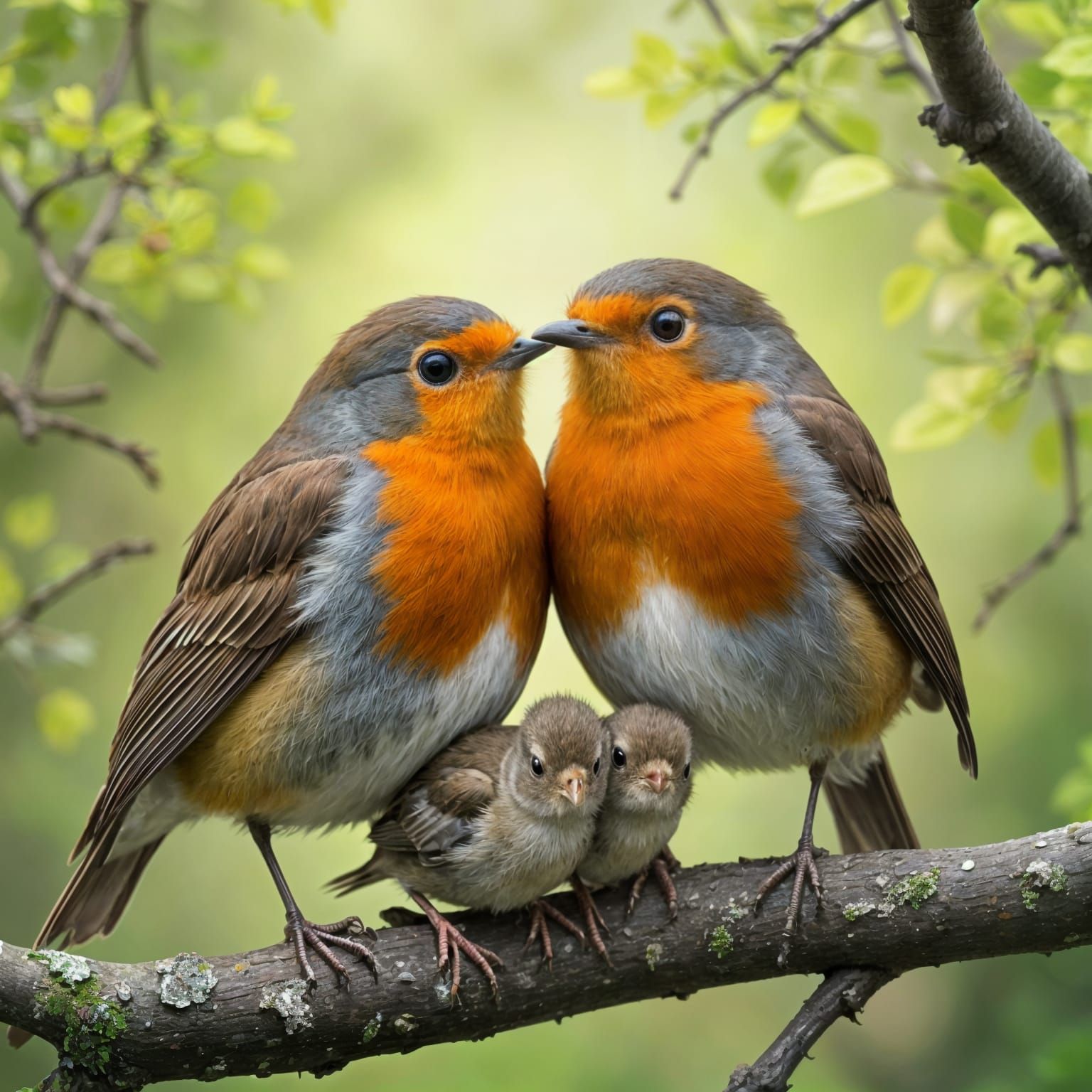 European Robins Share Food with Chicks in a Cozy Tree Nest