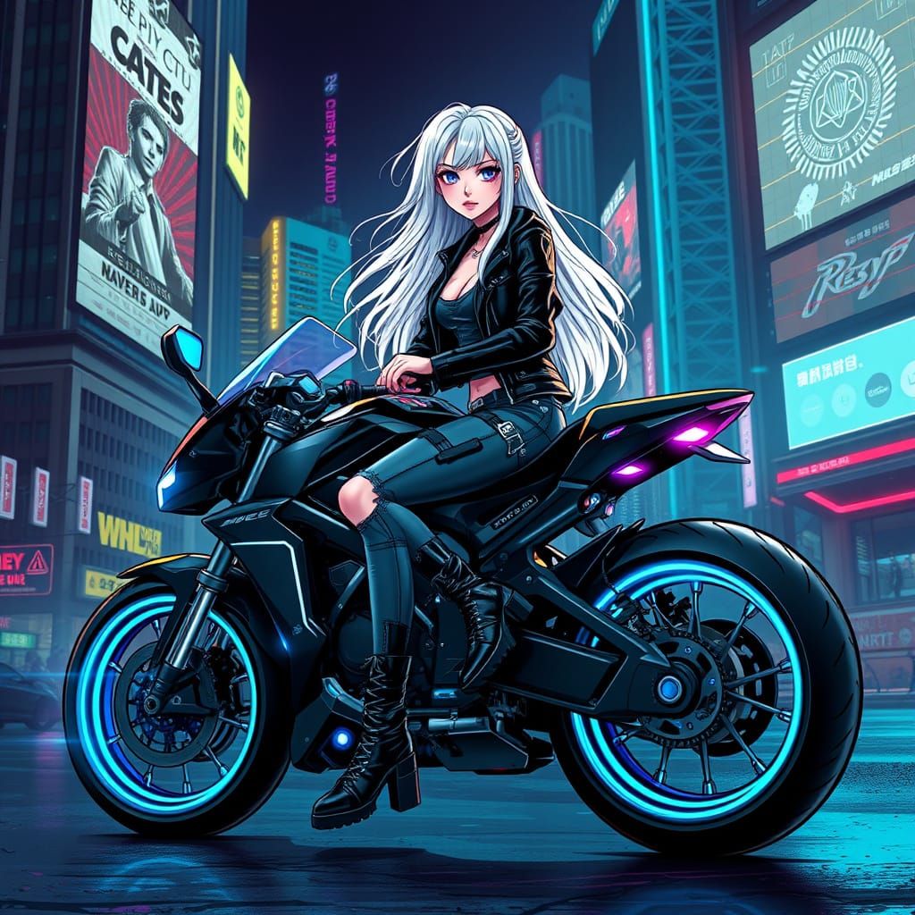 Cyberpunk Girl Speeds Through Futuristic City in High-Tech S...