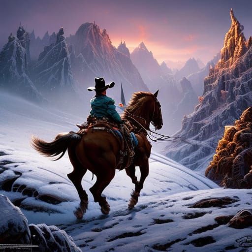 Wild Cowboy Galloping Through Snowy Landscape