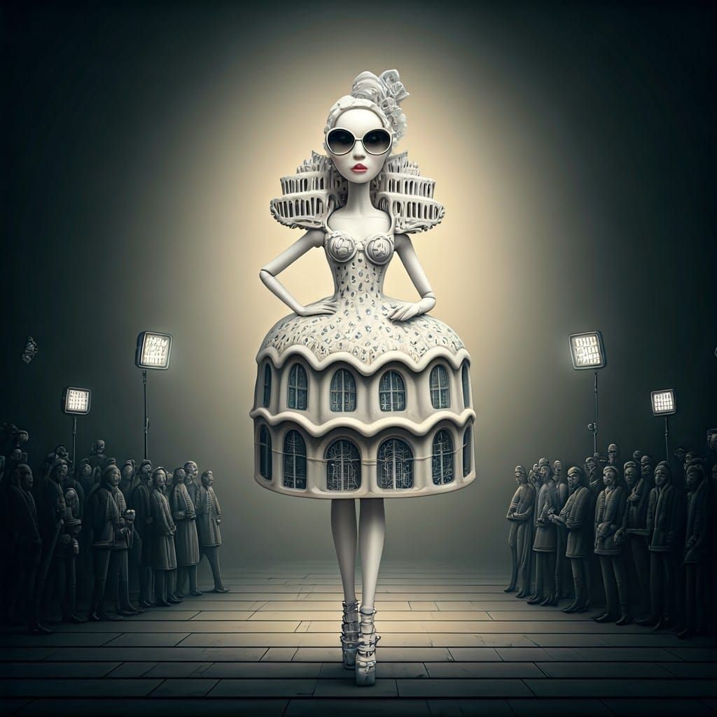 Surreal Dry Brush Painting of a White Doll on a Catwalk