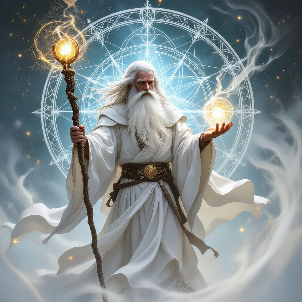 Ethereal Wizard Conjures Cosmic Magic in Fantasy Painting