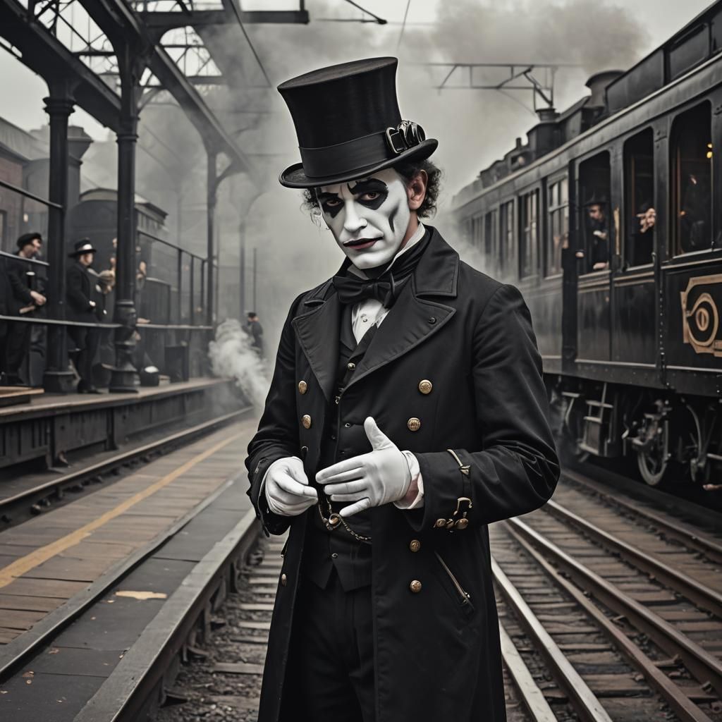 Steampunk Mime's Gloomy Farewell at Train Station