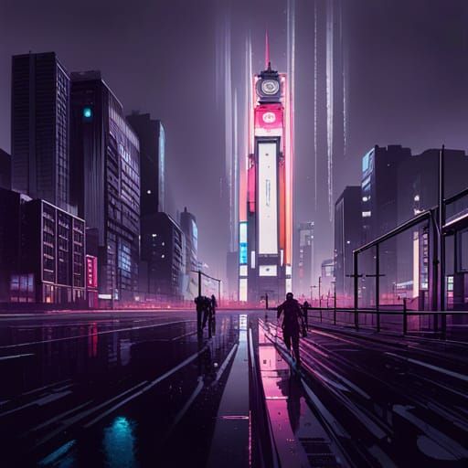 Cyberpunk Cityscape at Night in the Rain
