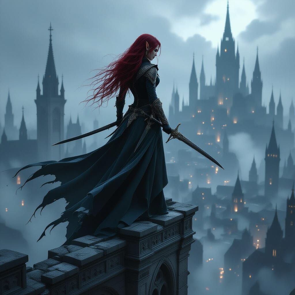Elven Rogue in Gothic City, Dark Fantasy Style