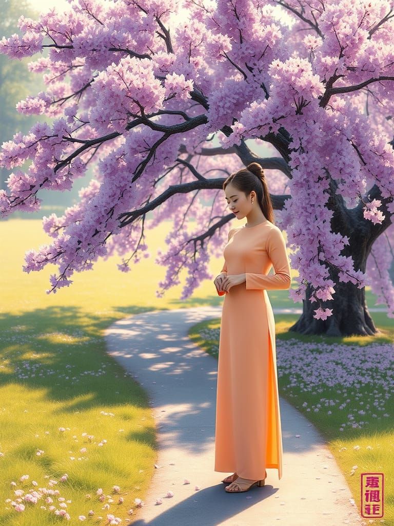 Vietnamese Woman in Springtime Park Painting