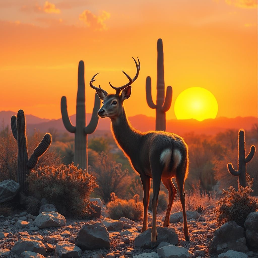 Sonoran Desert Sunset with Mule Deer