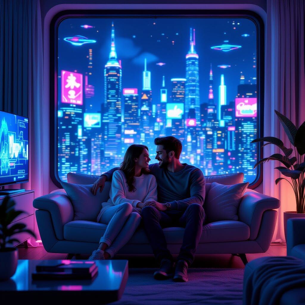 Cozy Cyberpunk: Loving Couple in Futuristic Home
