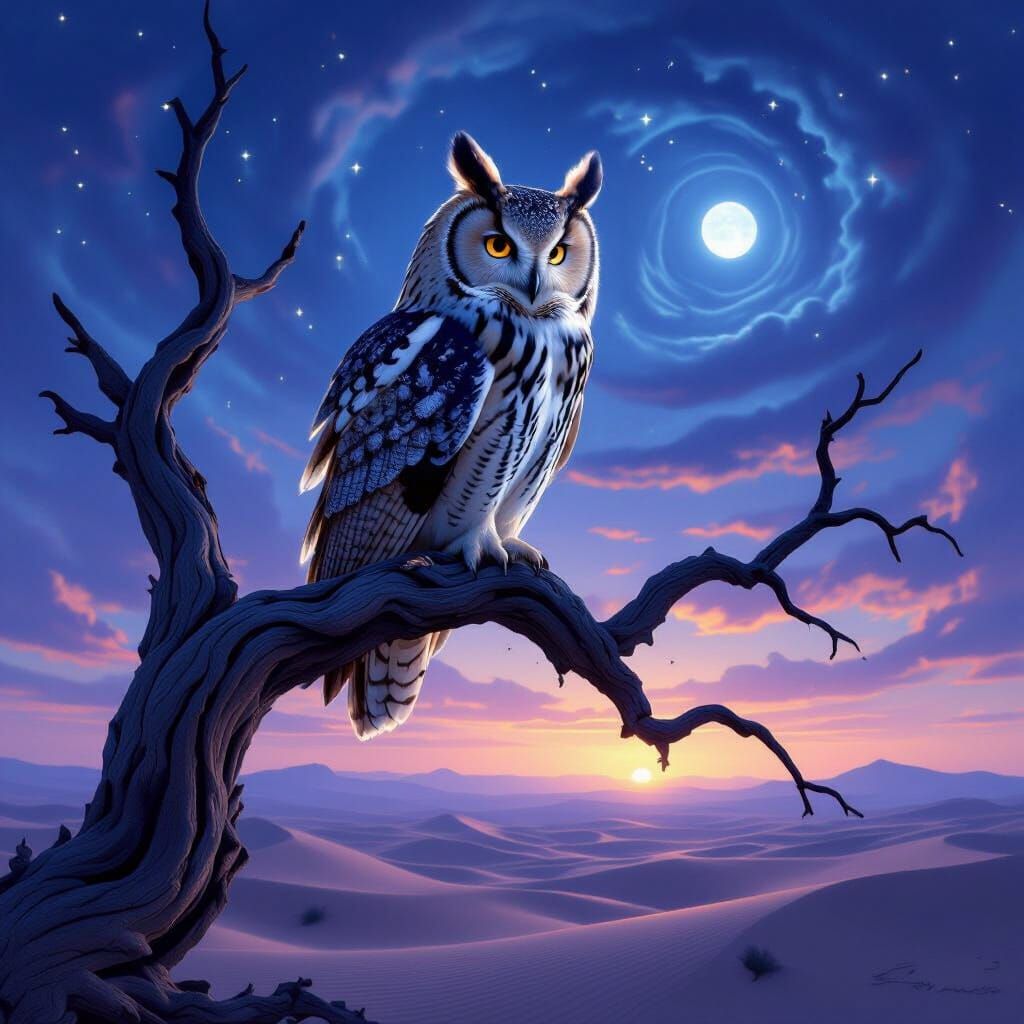 Majestic Owl Silhouette in Twilight Sky: Hyperrealistic Illu...