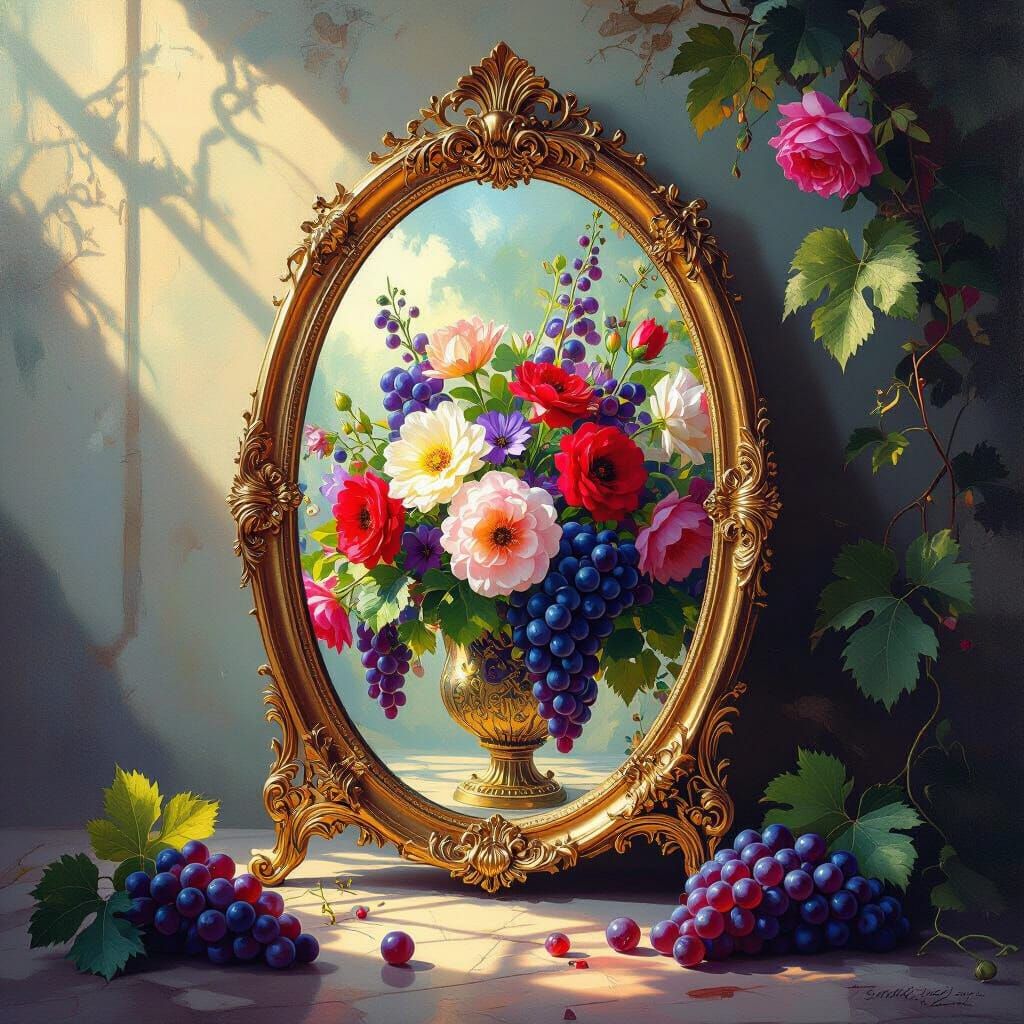 Art Nouveau Mirror Reflecting Flowers in Cinematic Light
