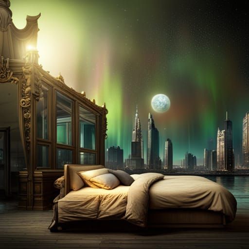 Flying Bed Under Aurora Borealis at Night