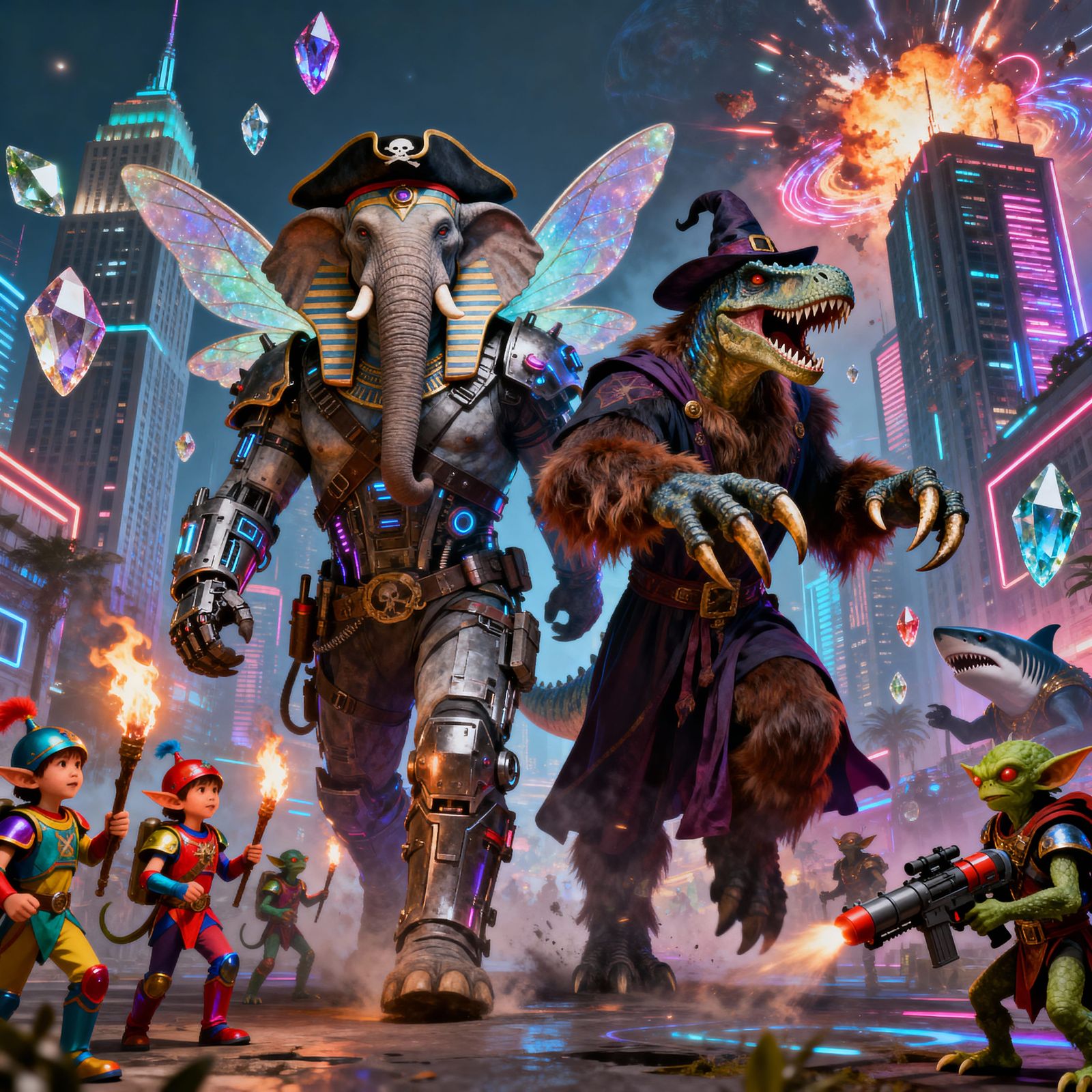 Eerie Hybrid Creature in Cyberpunk Metropolis